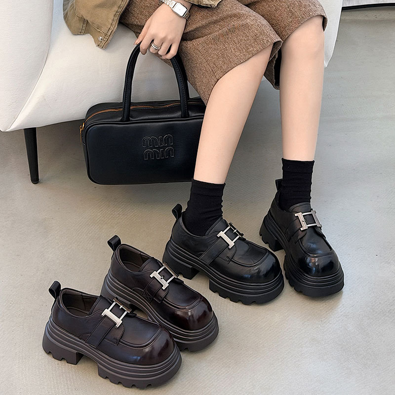 Loaferi dama, stil coreean, piele de vacă, vârf rotund, toc gros 6–8 cm