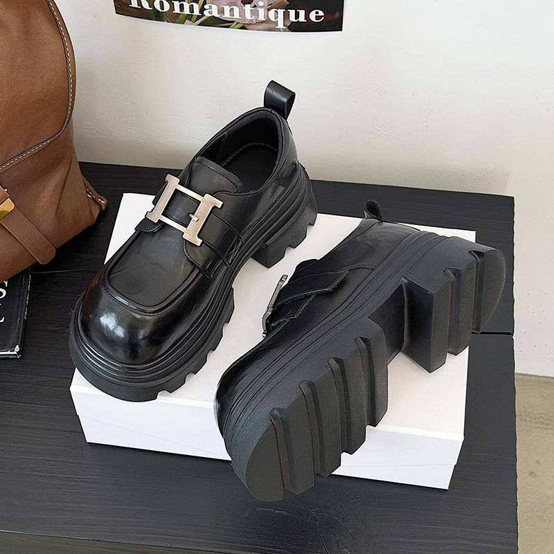 Loaferi dama, stil coreean, piele de vacă, vârf rotund, toc gros 6–8 cm