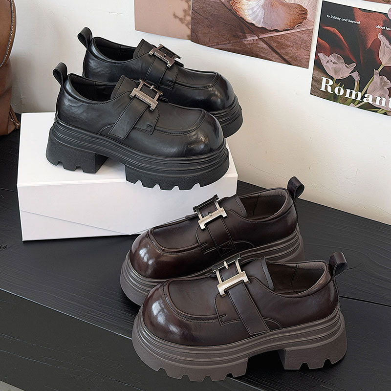 Loaferi dama, stil coreean, piele de vacă, vârf rotund, toc gros 6–8 cm