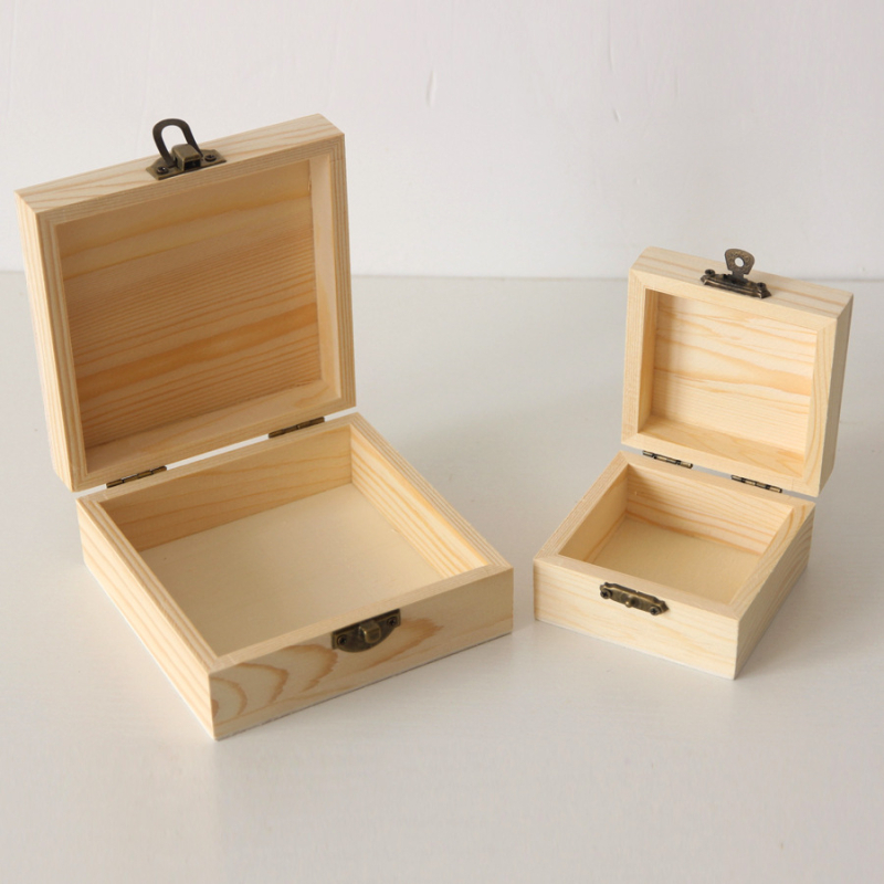 Cutie pătrată din lemn de pin pentru bijuterii, cu capac superior și inferior, gravură, personalizabilă, imprimare logo disponibil