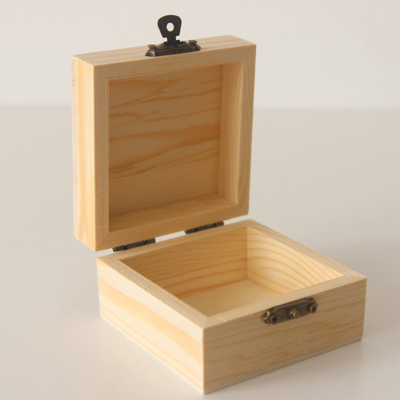 Cutie pătrată din lemn de pin pentru bijuterii, cu capac superior și inferior, gravură, personalizabilă, imprimare logo disponibil