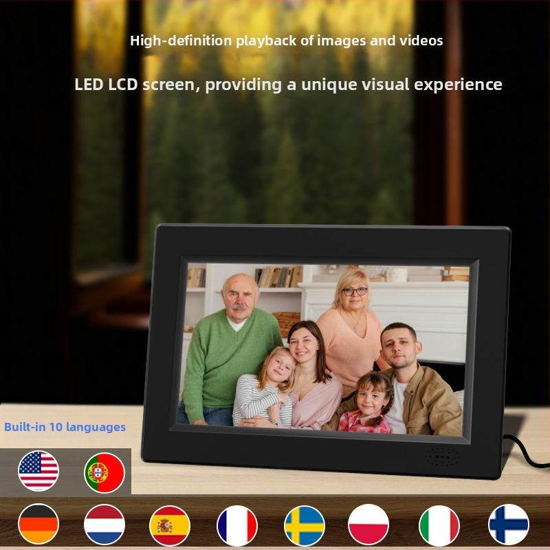 Digitálny fotorám s ultra tenkým rámom, 1024x600 HD displej, jas 200 lm, podpora SD/USB pamäte, prehrávanie hudby a videa