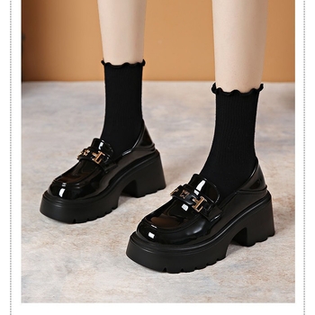 Loaferi femei cu talpă groasă, vârf rotund, partea superioară PU, talpă din cauciuc, toc 3–5 cm, stil Mary Jane britanic retro, toamnă 2025