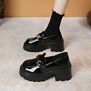 Loaferi femei cu talpă groasă, vârf rotund, partea superioară PU, talpă din cauciuc, toc 3–5 cm, stil Mary Jane britanic retro, toamnă 2025