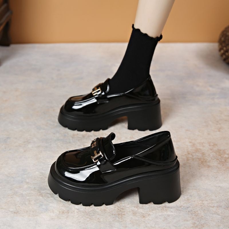 Loaferi femei cu talpă groasă, vârf rotund, partea superioară PU, talpă din cauciuc, toc 3–5 cm, stil Mary Jane britanic retro, toamnă 2025
