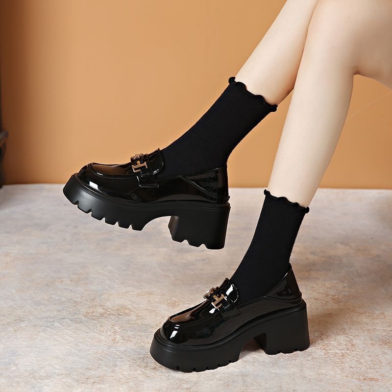 Loaferi femei cu talpă groasă, vârf rotund, partea superioară PU, talpă din cauciuc, toc 3–5 cm, stil Mary Jane britanic retro, toamnă 2025