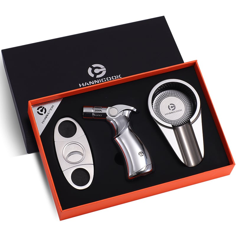 Σετ τριών τεμαχίων για πούρα: ψαλίδια, αναπτήρας και τασάκι – ανοξείδωτο ατσάλι, κράμα ψευδαργύρου, λεία επιφάνεια με λέιζερ