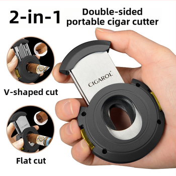 Κοπτήρας πούρων 2-σε-1 με V και ευθύ κοπτικό, μεταλλικός με ηλεκτροπλατινέ φινίρισμα, βάρος περίπου 150 g, ημιαυτόματος διακόπτης