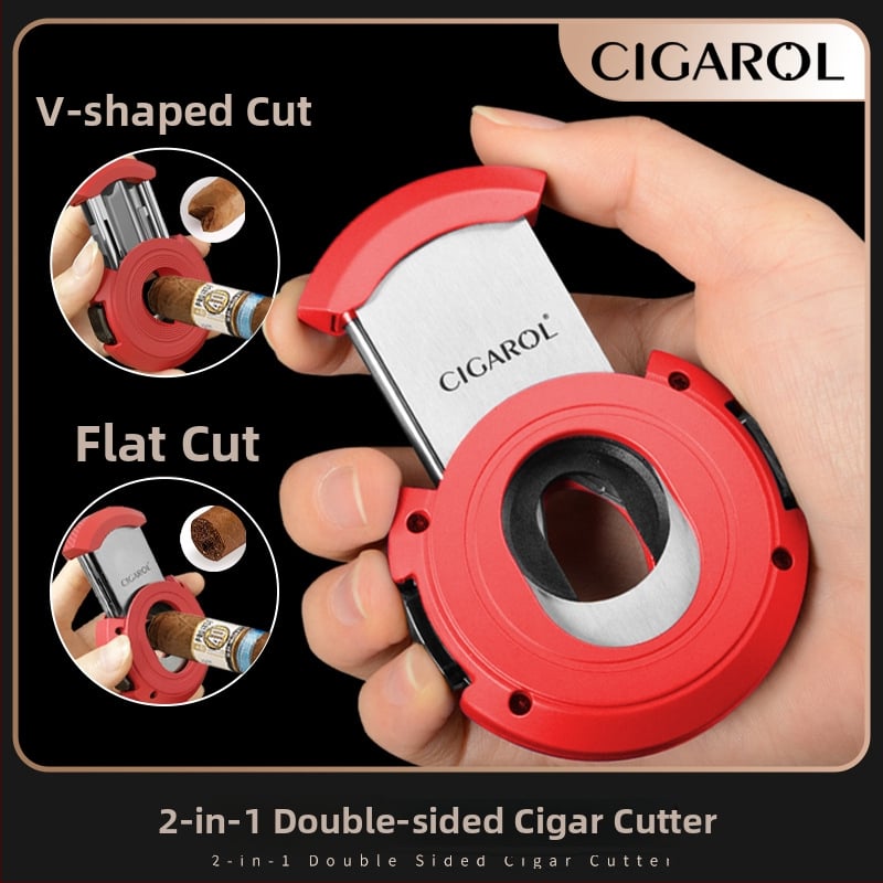 Κοπτήρας πούρων 2-σε-1 με V και ευθύ κοπτικό, μεταλλικός με ηλεκτροπλατινέ φινίρισμα, βάρος περίπου 150 g, ημιαυτόματος διακόπτης