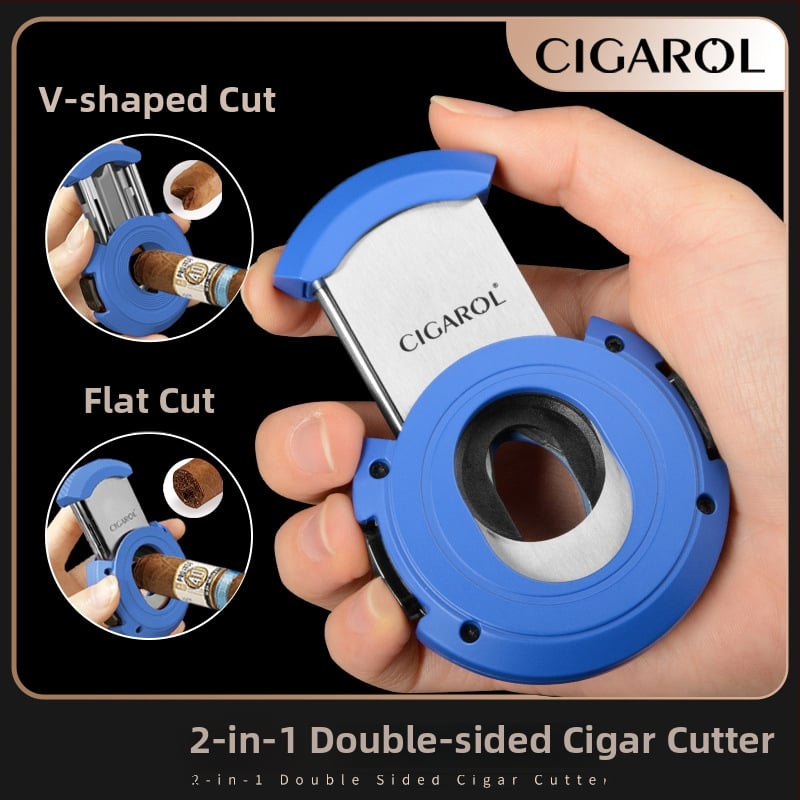 Κοπτήρας πούρων 2-σε-1 με V και ευθύ κοπτικό, μεταλλικός με ηλεκτροπλατινέ φινίρισμα, βάρος περίπου 150 g, ημιαυτόματος διακόπτης