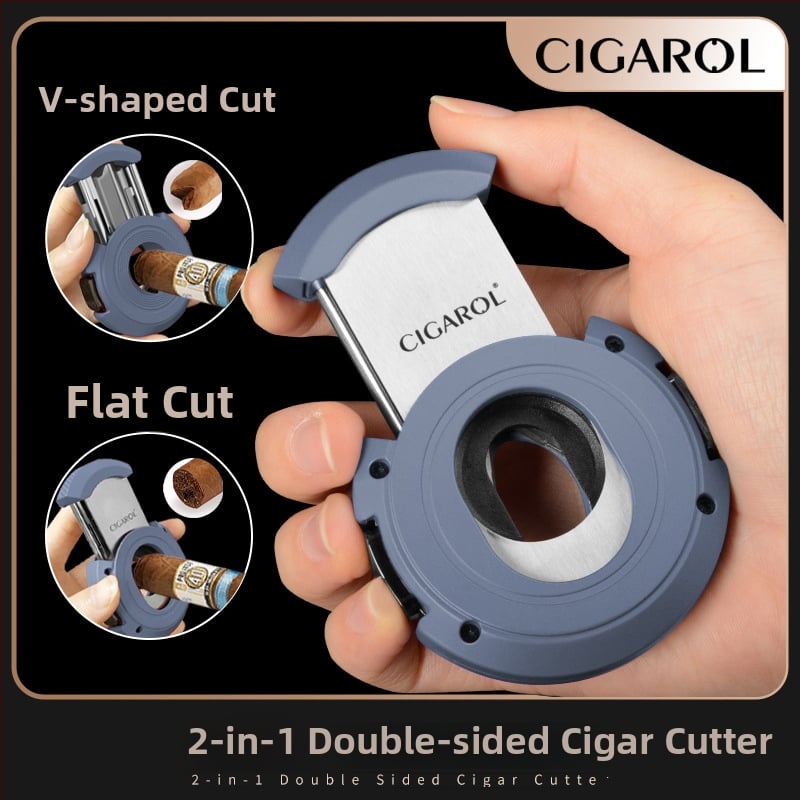 Κοπτήρας πούρων 2-σε-1 με V και ευθύ κοπτικό, μεταλλικός με ηλεκτροπλατινέ φινίρισμα, βάρος περίπου 150 g, ημιαυτόματος διακόπτης