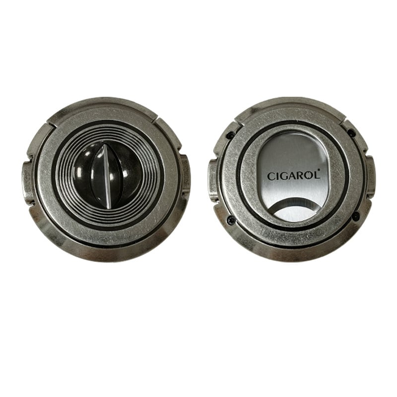 Κοπτήρας πούρων 2-σε-1 με V και ευθύ κοπτικό, μεταλλικός με ηλεκτροπλατινέ φινίρισμα, βάρος περίπου 150 g, ημιαυτόματος διακόπτης