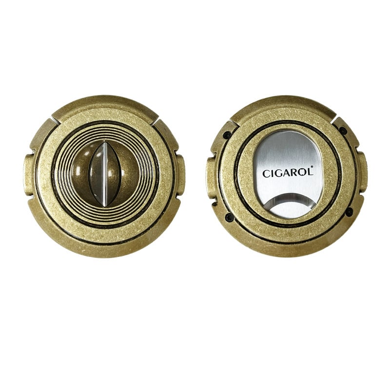 Κοπτήρας πούρων 2-σε-1 με V και ευθύ κοπτικό, μεταλλικός με ηλεκτροπλατινέ φινίρισμα, βάρος περίπου 150 g, ημιαυτόματος διακόπτης