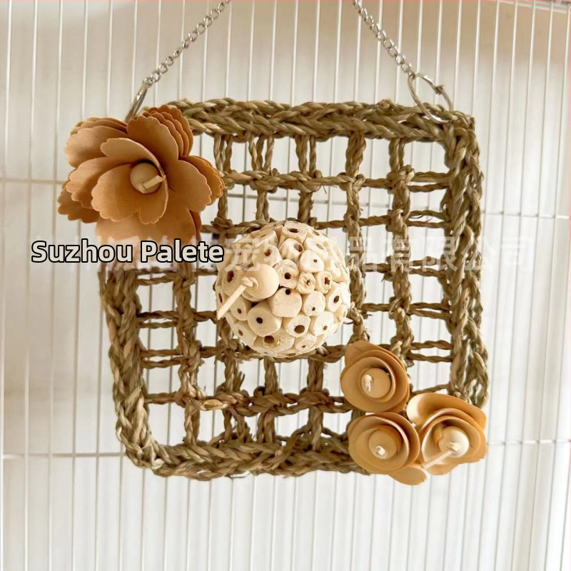 Hračka pre papagaja: sieť na hryzanie zo slamy a sieť na lezenie, lopta z trávy s ovocným motívom, model Ky2469