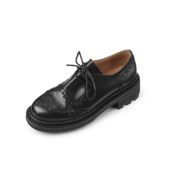 Ženske kožne brogue lace-up loaferice - okrugla prednja špička, 3-5 cm srednji potpetica, podstava od svinjske kože