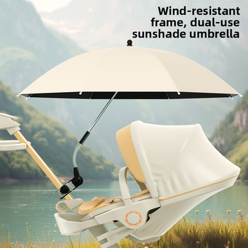 Sunčana zaštita za dječja kolica — univerzalna, 8 rebara od željeza, tkanina s vezom i vinilnim premazom, UPF iznad 50, sklopiva, ručno otvaranje i zatvaranje