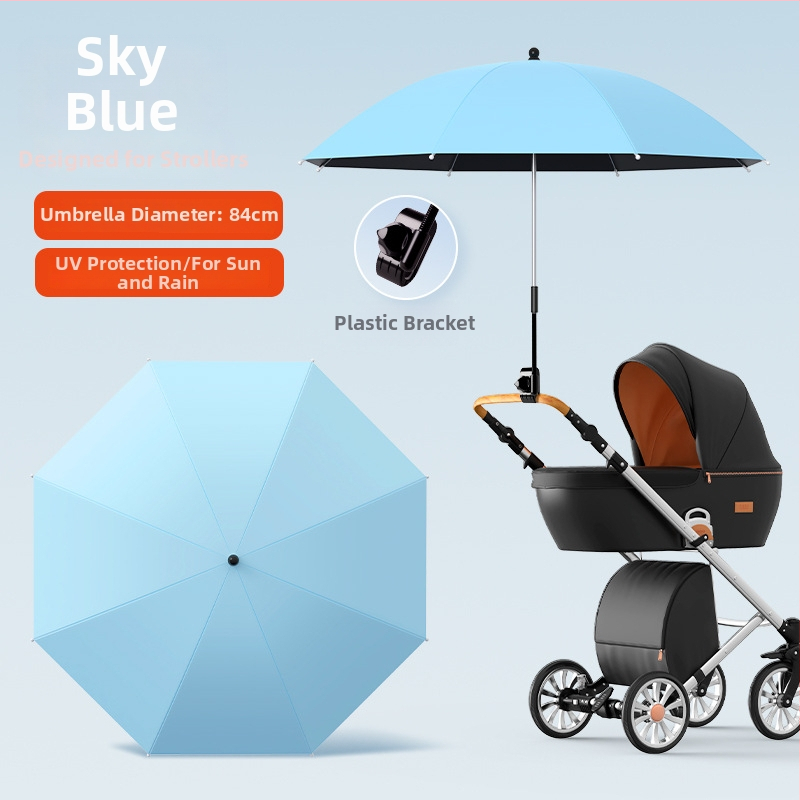 Sunčana zaštita za dječja kolica — univerzalna, 8 rebara od željeza, tkanina s vezom i vinilnim premazom, UPF iznad 50, sklopiva, ručno otvaranje i zatvaranje