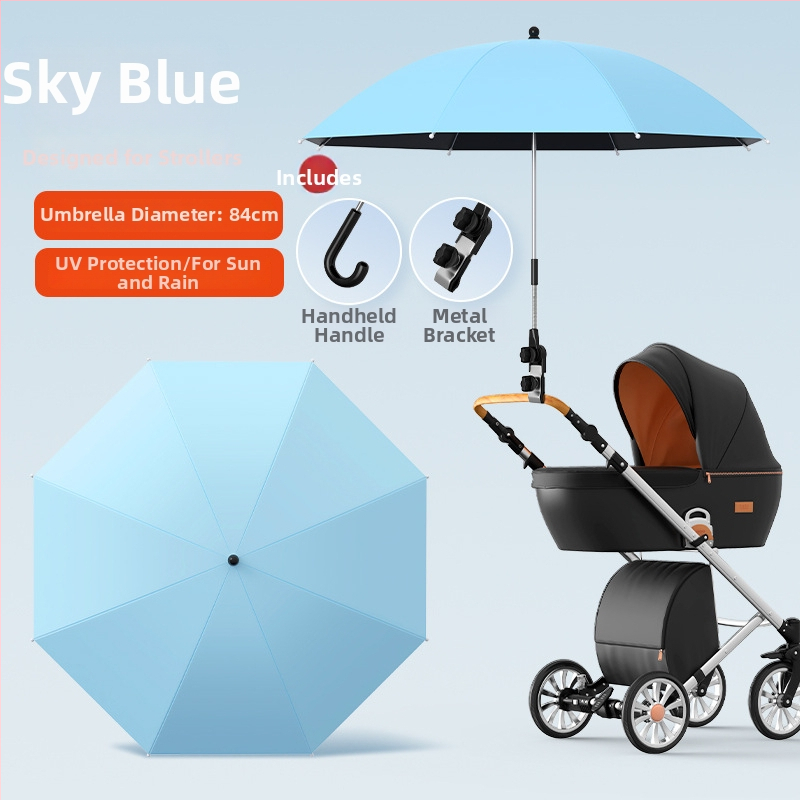 Sunčana zaštita za dječja kolica — univerzalna, 8 rebara od željeza, tkanina s vezom i vinilnim premazom, UPF iznad 50, sklopiva, ručno otvaranje i zatvaranje