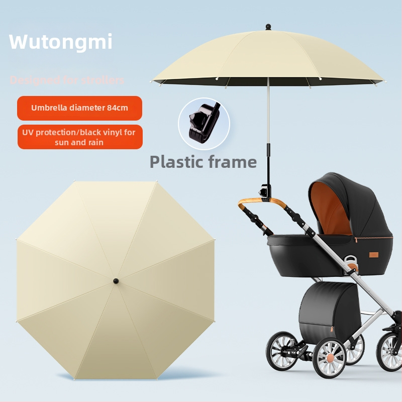 Sunčana zaštita za dječja kolica — univerzalna, 8 rebara od željeza, tkanina s vezom i vinilnim premazom, UPF iznad 50, sklopiva, ručno otvaranje i zatvaranje