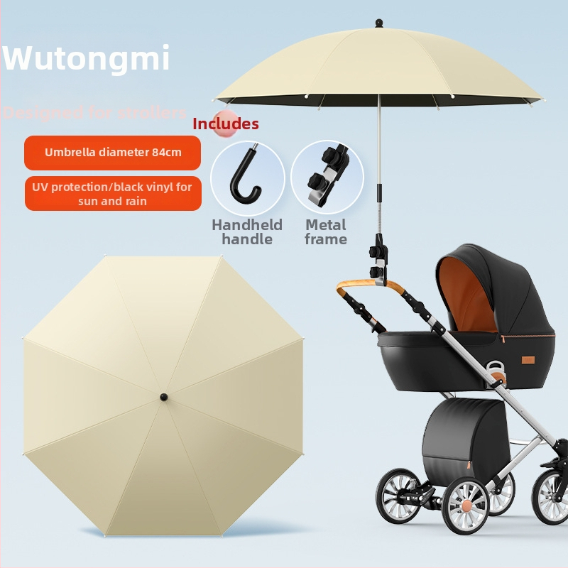Sunčana zaštita za dječja kolica — univerzalna, 8 rebara od željeza, tkanina s vezom i vinilnim premazom, UPF iznad 50, sklopiva, ručno otvaranje i zatvaranje