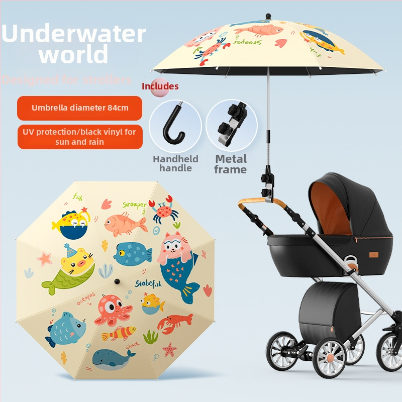 Sunčana zaštita za dječja kolica — univerzalna, 8 rebara od željeza, tkanina s vezom i vinilnim premazom, UPF iznad 50, sklopiva, ručno otvaranje i zatvaranje