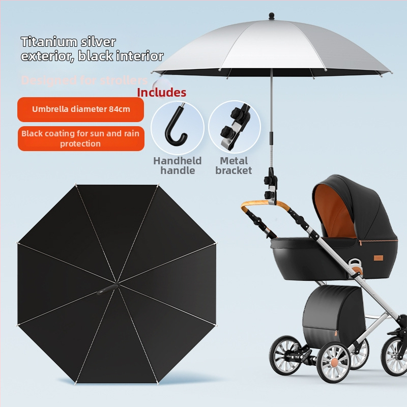 Sunčana zaštita za dječja kolica — univerzalna, 8 rebara od željeza, tkanina s vezom i vinilnim premazom, UPF iznad 50, sklopiva, ručno otvaranje i zatvaranje