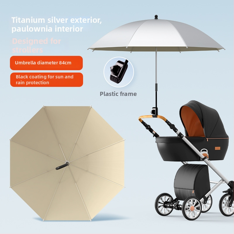 Sunčana zaštita za dječja kolica — univerzalna, 8 rebara od željeza, tkanina s vezom i vinilnim premazom, UPF iznad 50, sklopiva, ručno otvaranje i zatvaranje