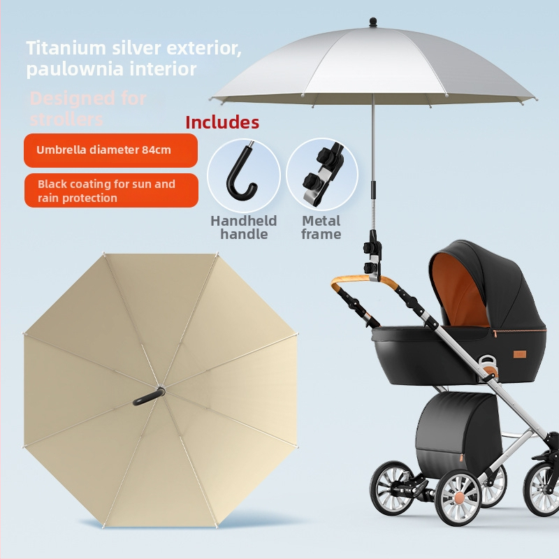Sunčana zaštita za dječja kolica — univerzalna, 8 rebara od željeza, tkanina s vezom i vinilnim premazom, UPF iznad 50, sklopiva, ručno otvaranje i zatvaranje