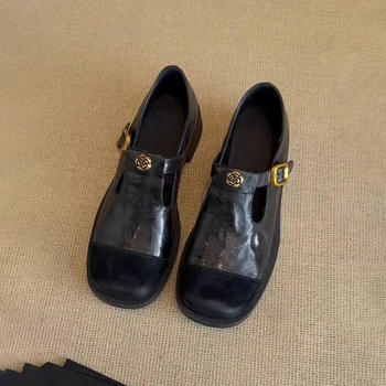 Ženske kožne Mary Jane loaferice s kopčom, okrugli vrh, srednji visok potpetica 3–6 cm, ulošak od ovčje kože