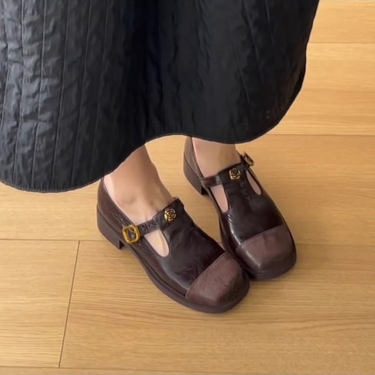 Ženske kožne Mary Jane loaferice s kopčom, okrugli vrh, srednji visok potpetica 3–6 cm, ulošak od ovčje kože