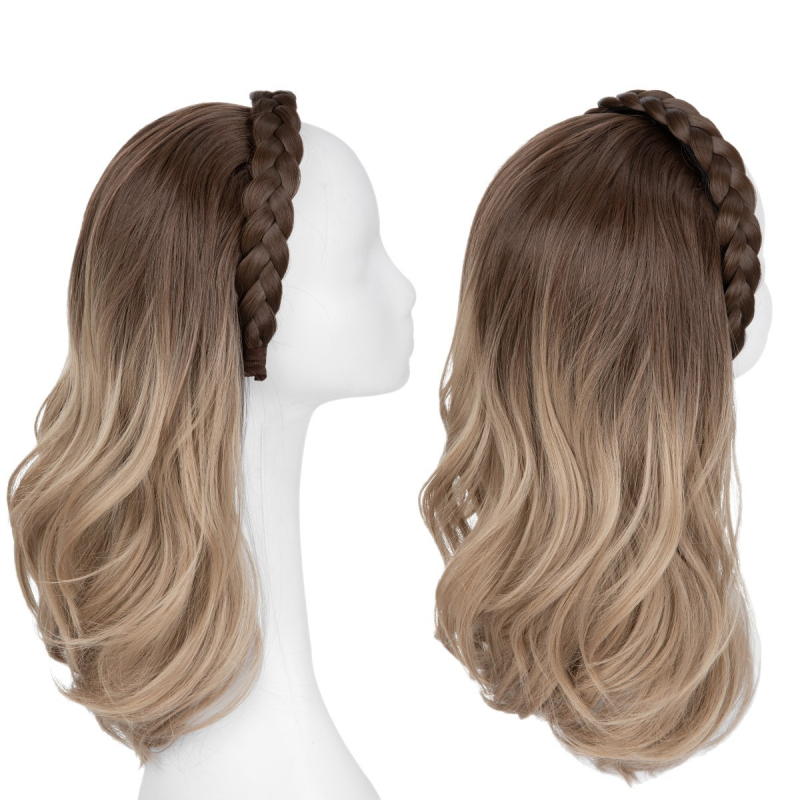 HB05 Sierra Wig: Ženska perika s dugom kovrčavom kosom, integrirana čelenka s fishbone braid, poluperika, žica otporna na toplinu, egzotičan stil