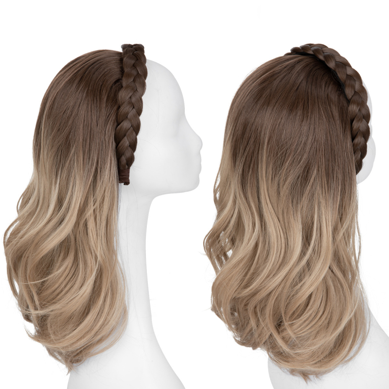 HB05 Sierra Wig: Ženska perika s dugom kovrčavom kosom, integrirana čelenka s fishbone braid, poluperika, žica otporna na toplinu, egzotičan stil