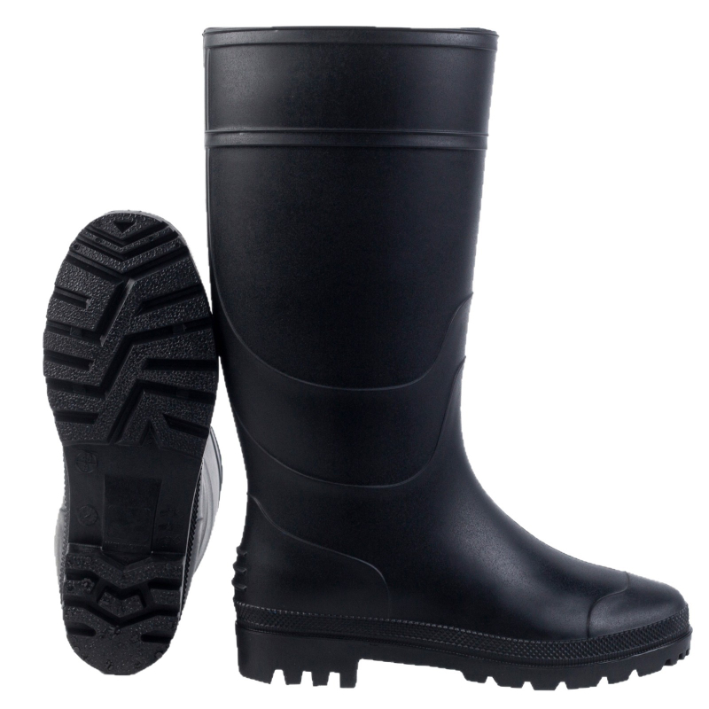 Cizme de ploaie înalte, partea superioară din PVC, talpă din cauciuc, gambă până la jumătate, încălcare tip slip-on, impermeabile