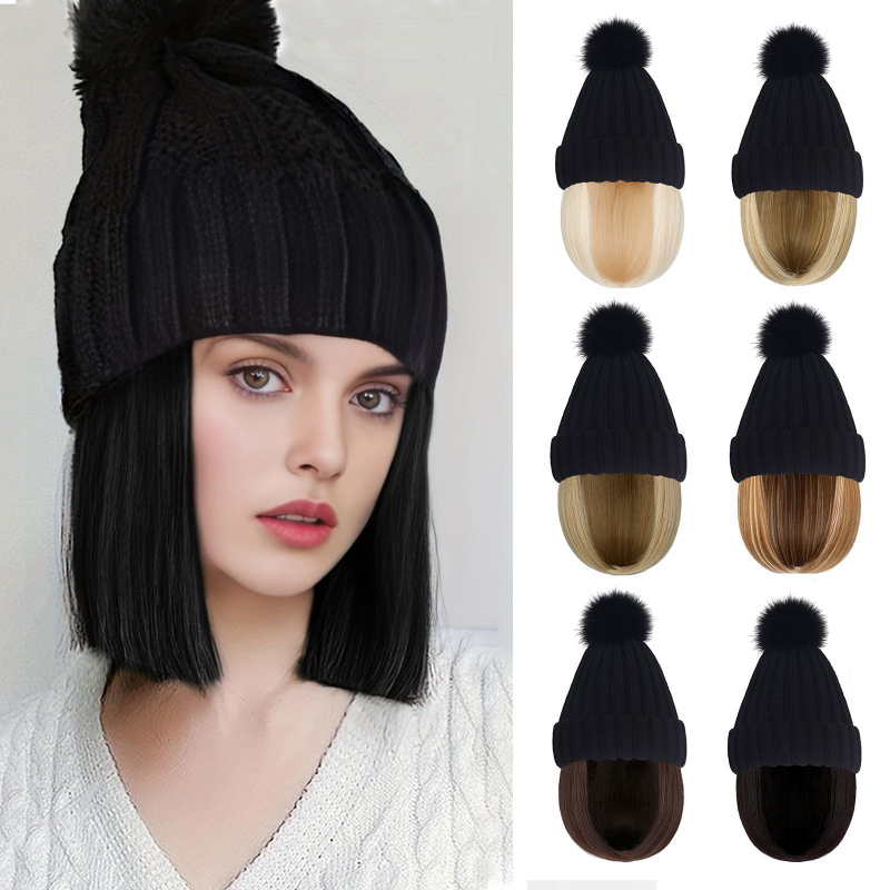 Perucă: bob scurt drept cu pălărie tricotată încorporată; material păr: sârmă rezistentă la temperaturi înalte; lungime: scurtă; potrivit pentru toate formele feței; nu poate fi vopsită sau îndreptată