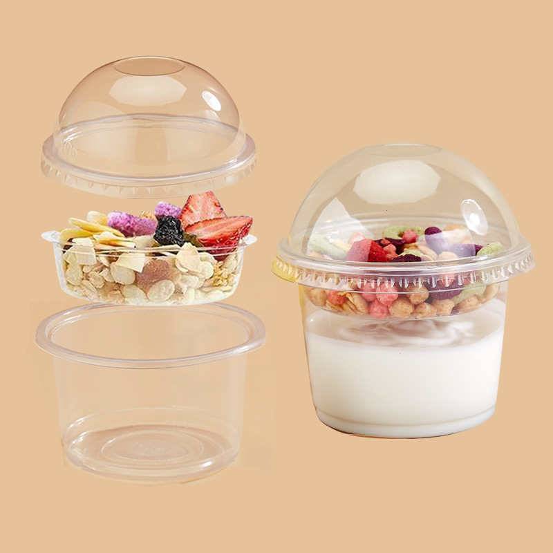 Cupe puding cu strat dublu și suport interior, recipient plastic de unică folosință pentru iaurt, ovăz, prăjituri și ceai cu lapte — formă rotundă, capacitate 201–300 ml, material PP, sigur la microunde