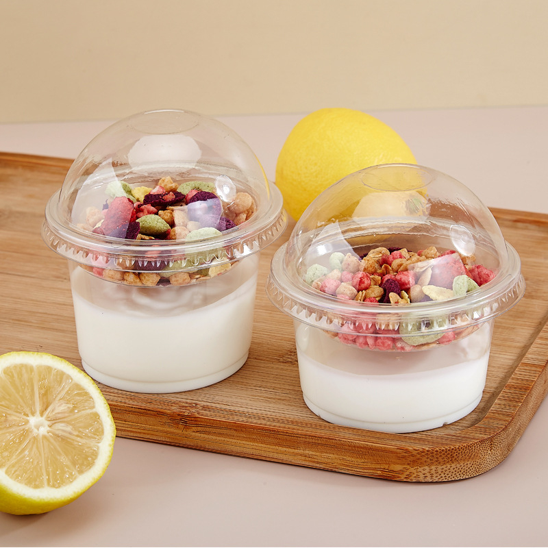 Cupe puding cu strat dublu și suport interior, recipient plastic de unică folosință pentru iaurt, ovăz, prăjituri și ceai cu lapte — formă rotundă, capacitate 201–300 ml, material PP, sigur la microunde