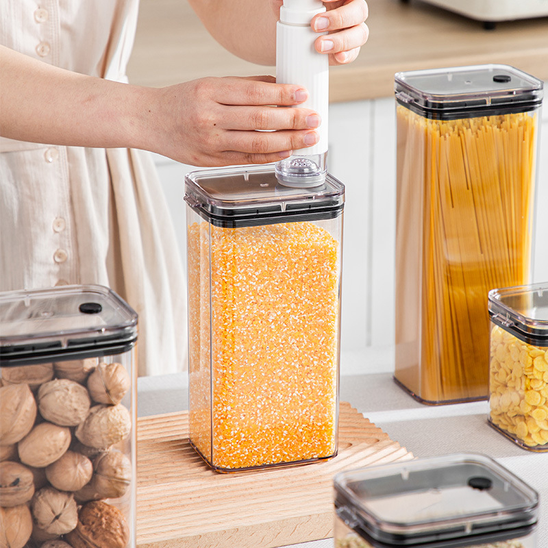 Recipient plastic transparent cu vacuum, capacitate 1–2 L, pătrat, pentru nuci, cafea și cereale