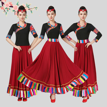 Женски костюм за квадратни танци в етно стил с тибетски мотиви и райета, плат Milk Silk, полиестер 90%, подплата Milk Silk със спандекс, подходящ за всички сезони, сценично етно облекло