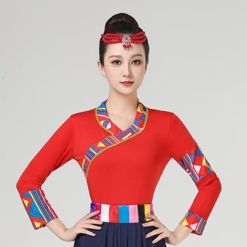 Женски костюм за квадратни танци в етно стил с тибетски мотиви и райета, плат Milk Silk, полиестер 90%, подплата Milk Silk със спандекс, подходящ за всички сезони, сценично етно облекло