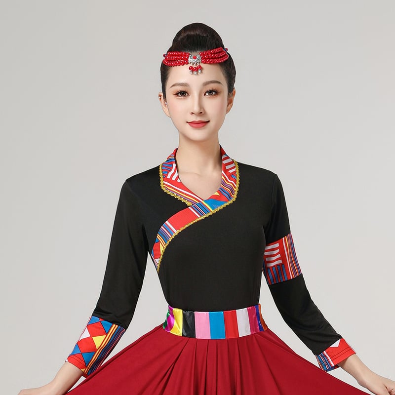 Женски костюм за квадратни танци в етно стил с тибетски мотиви и райета, плат Milk Silk, полиестер 90%, подплата Milk Silk със спандекс, подходящ за всички сезони, сценично етно облекло