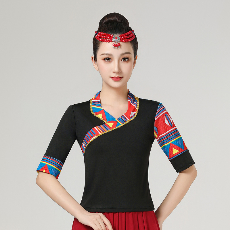 Женски костюм за квадратни танци в етно стил с тибетски мотиви и райета, плат Milk Silk, полиестер 90%, подплата Milk Silk със спандекс, подходящ за всички сезони, сценично етно облекло