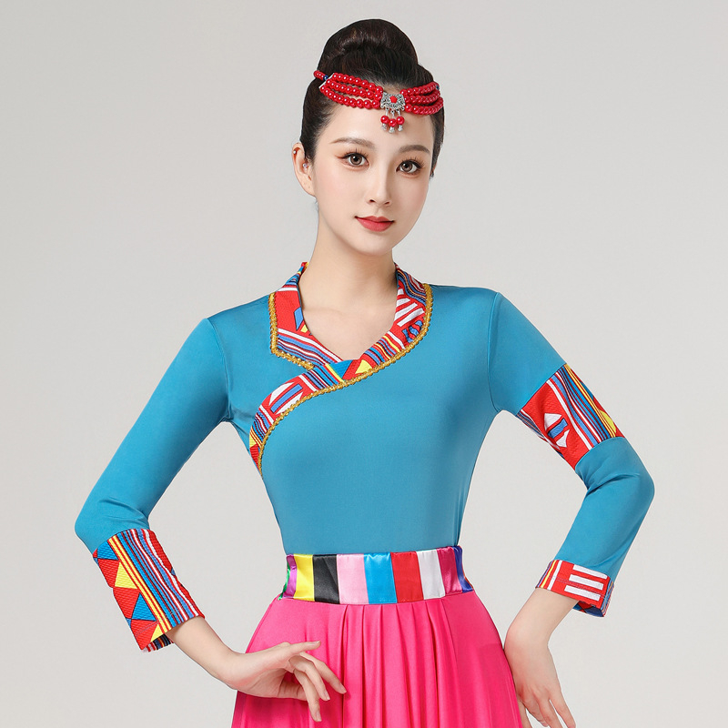 Женски костюм за квадратни танци в етно стил с тибетски мотиви и райета, плат Milk Silk, полиестер 90%, подплата Milk Silk със спандекс, подходящ за всички сезони, сценично етно облекло