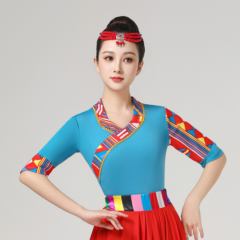 Женски костюм за квадратни танци в етно стил с тибетски мотиви и райета, плат Milk Silk, полиестер 90%, подплата Milk Silk със спандекс, подходящ за всички сезони, сценично етно облекло