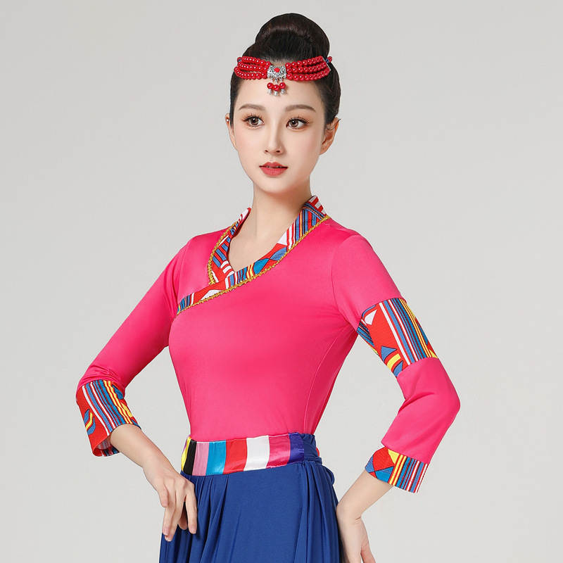 Женски костюм за квадратни танци в етно стил с тибетски мотиви и райета, плат Milk Silk, полиестер 90%, подплата Milk Silk със спандекс, подходящ за всички сезони, сценично етно облекло