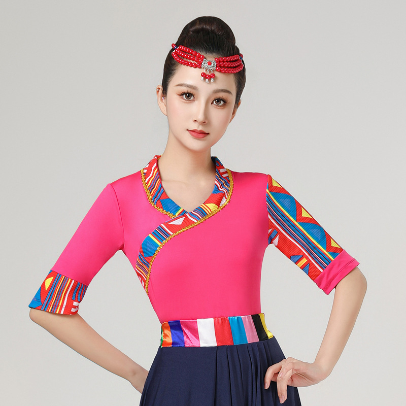 Женски костюм за квадратни танци в етно стил с тибетски мотиви и райета, плат Milk Silk, полиестер 90%, подплата Milk Silk със спандекс, подходящ за всички сезони, сценично етно облекло