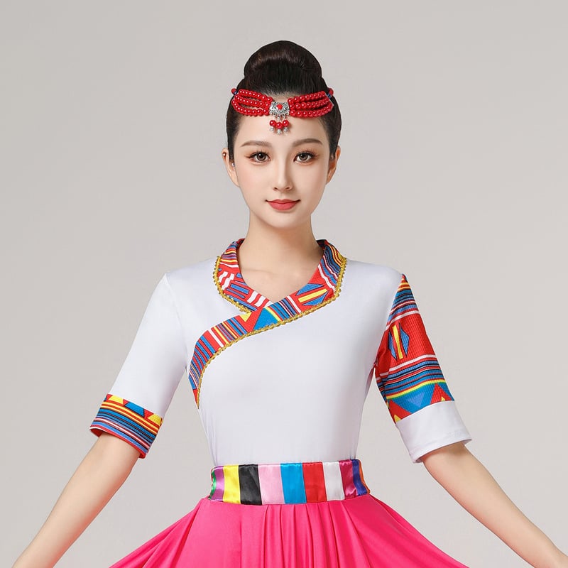 Женски костюм за квадратни танци в етно стил с тибетски мотиви и райета, плат Milk Silk, полиестер 90%, подплата Milk Silk със спандекс, подходящ за всички сезони, сценично етно облекло