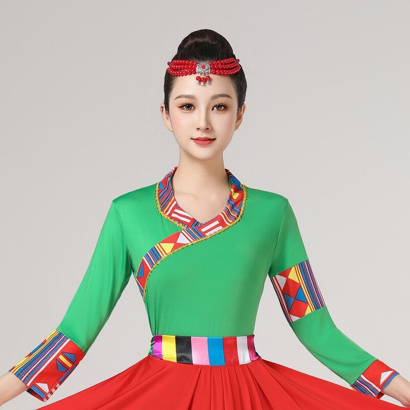 Женски костюм за квадратни танци в етно стил с тибетски мотиви и райета, плат Milk Silk, полиестер 90%, подплата Milk Silk със спандекс, подходящ за всички сезони, сценично етно облекло