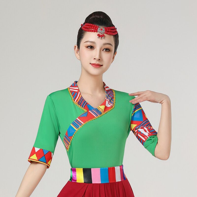 Женски костюм за квадратни танци в етно стил с тибетски мотиви и райета, плат Milk Silk, полиестер 90%, подплата Milk Silk със спандекс, подходящ за всички сезони, сценично етно облекло