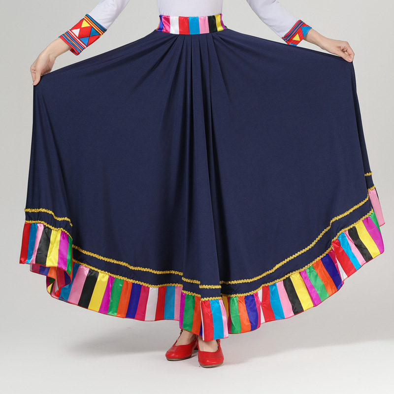 Женски костюм за квадратни танци в етно стил с тибетски мотиви и райета, плат Milk Silk, полиестер 90%, подплата Milk Silk със спандекс, подходящ за всички сезони, сценично етно облекло