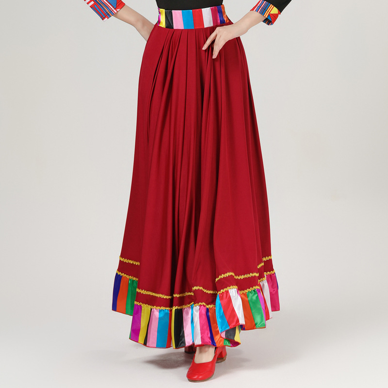 Женски костюм за квадратни танци в етно стил с тибетски мотиви и райета, плат Milk Silk, полиестер 90%, подплата Milk Silk със спандекс, подходящ за всички сезони, сценично етно облекло